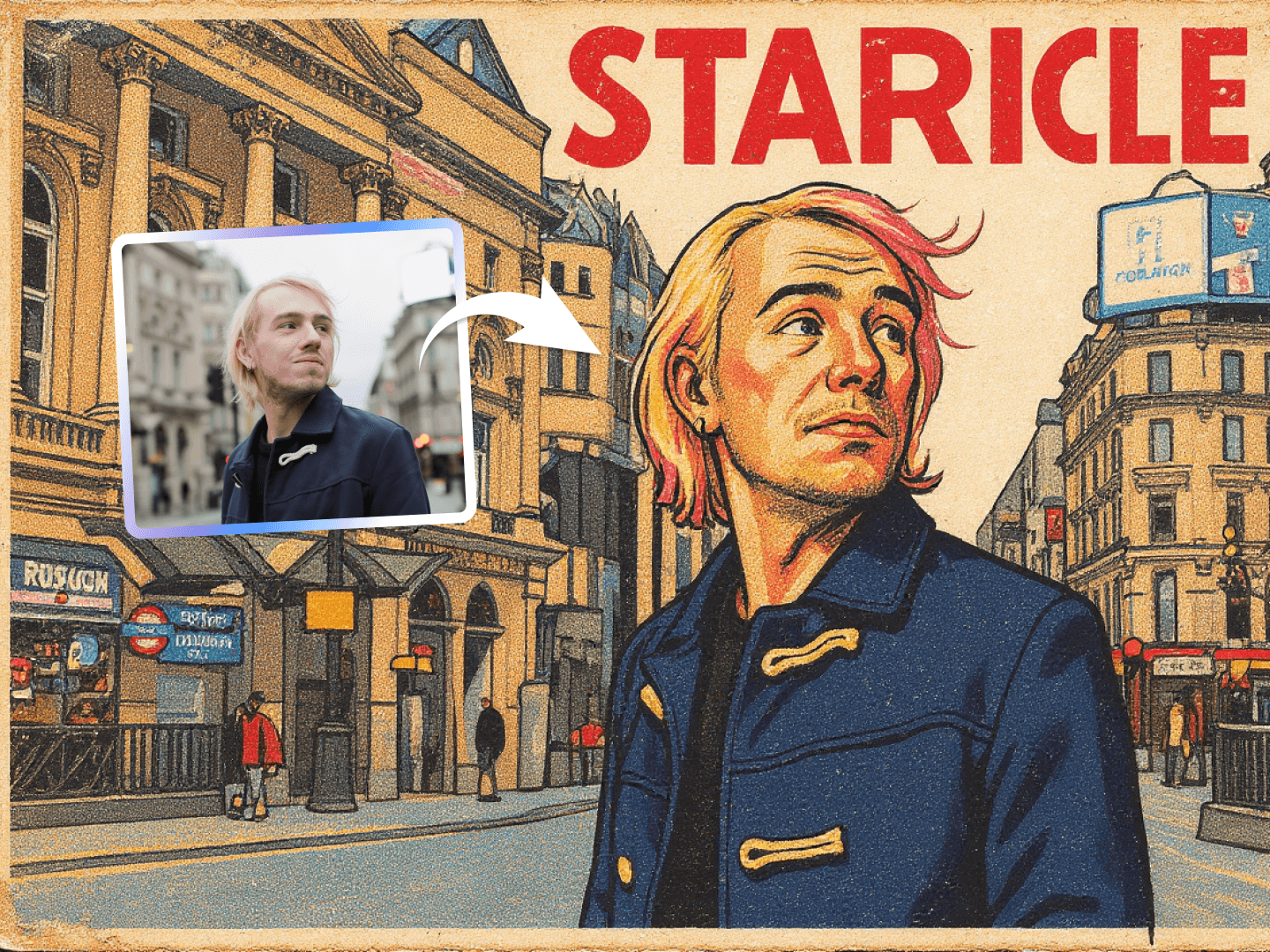 Esempio dell'output generato dal generatore di poster vintage AI di alta qualità.